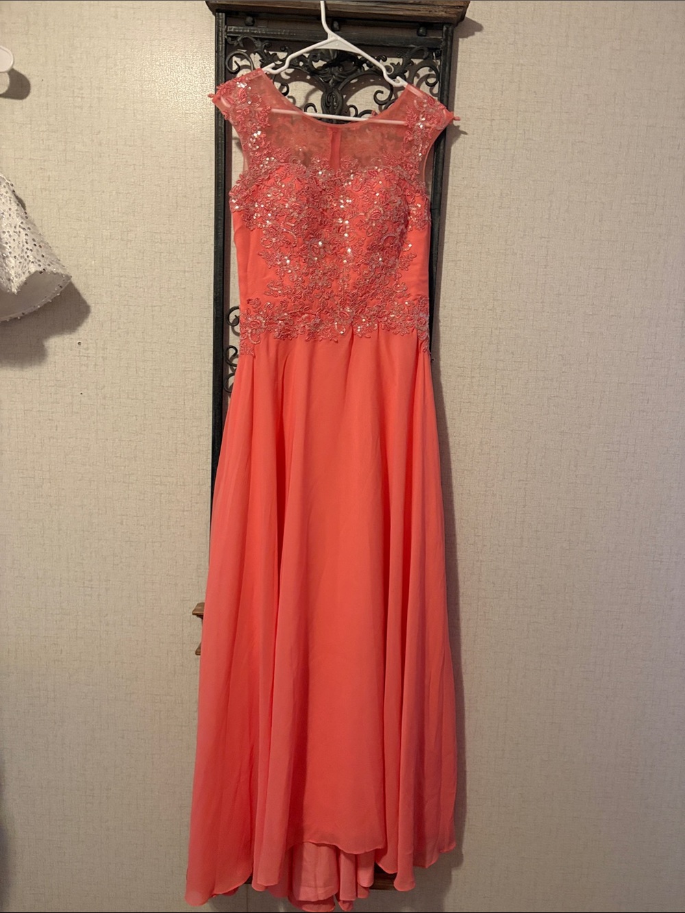 Coral Illusion Yoke Prom Gown with Beaded Bodice